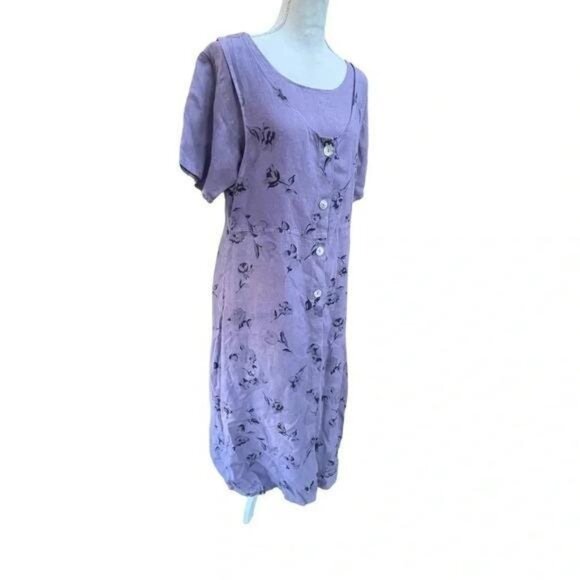 Vintage 1990s Linen Floral Tunic Maxi Dress Set – Purple, Short Sleeve, Made in - Picture 4 of 13